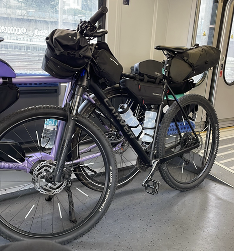 Ein Hardtail Mountainbike mit Bikepacking besattelung im Zug