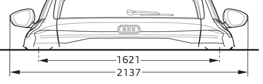 Breitendarstellung des Audi e-tron, 2,13m mit Spiegel.