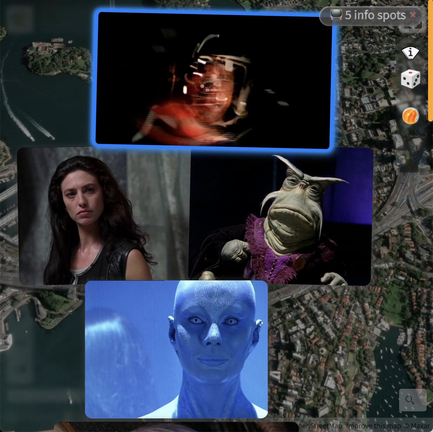 4 characters from the TV scifi series FARSCAPE: An astronaut, a lady in black leather, a kind of frog with a reddish pullover, a very blue bold alien lady