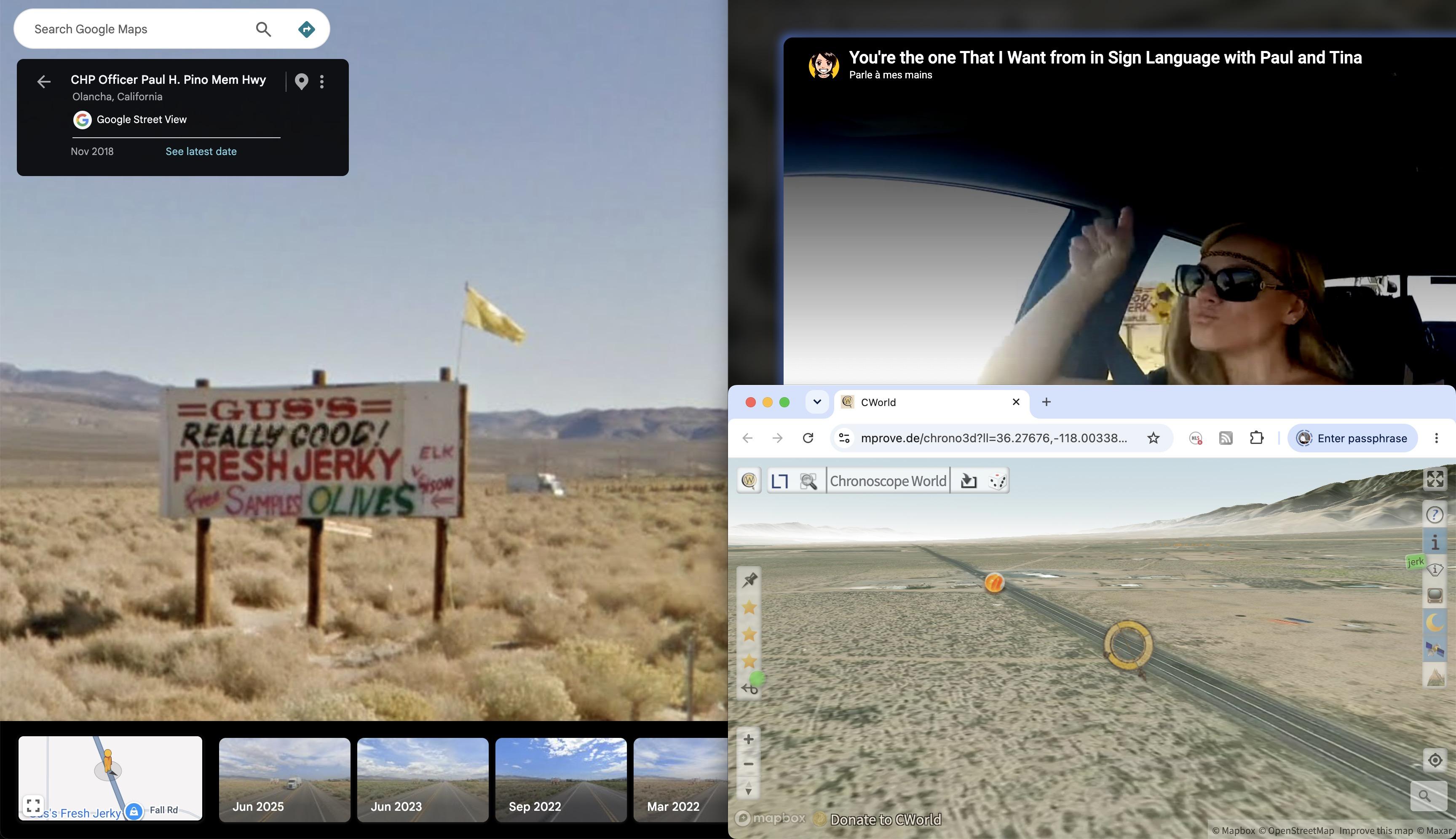 Screenshot mit drei Fenstern. Ein Werbeplakat in der Wüste. Eine Frau singt im Auto. Ein ewig langer und gerader Highway.