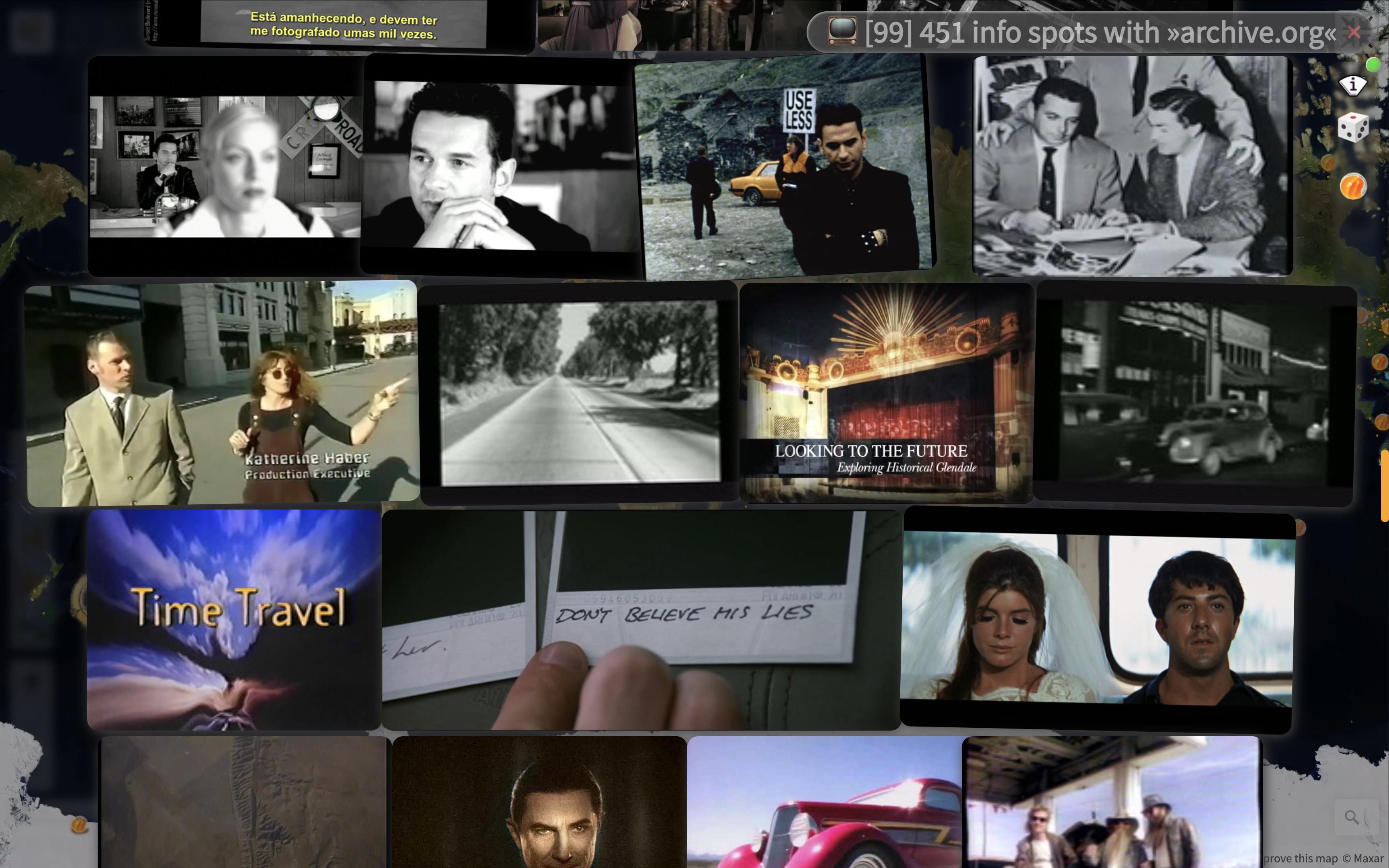 several movie thumbnails. A polaroid with the text "Do not believe his lies" sits next to the final scene of The Graduate with Dustin Hoffman and  Katharine Ross.