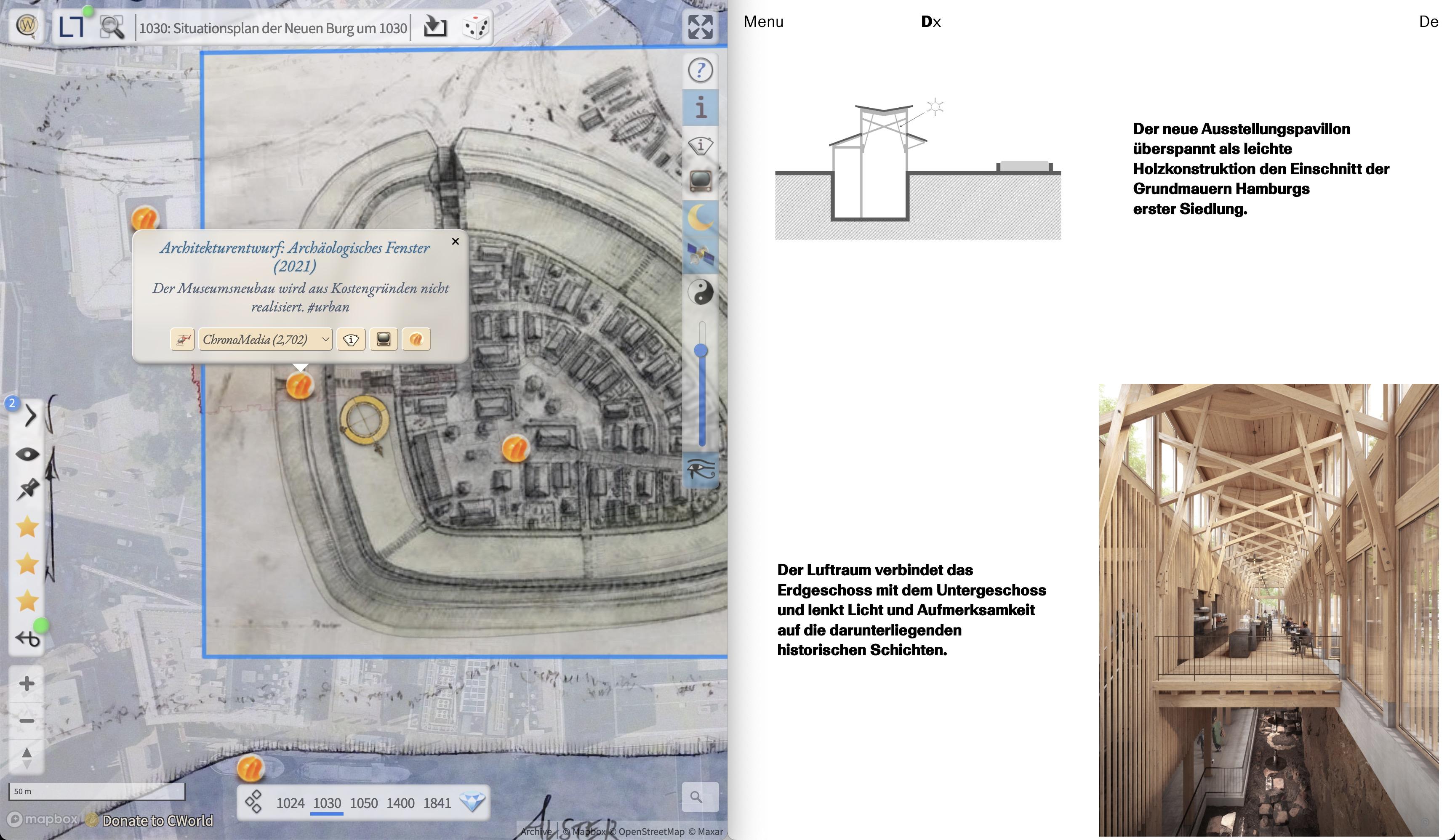 Links eine Skizze der Neuen Burg. Rechts eine Architekturstudie mit einem lichtdurchfluteten Holzhaus